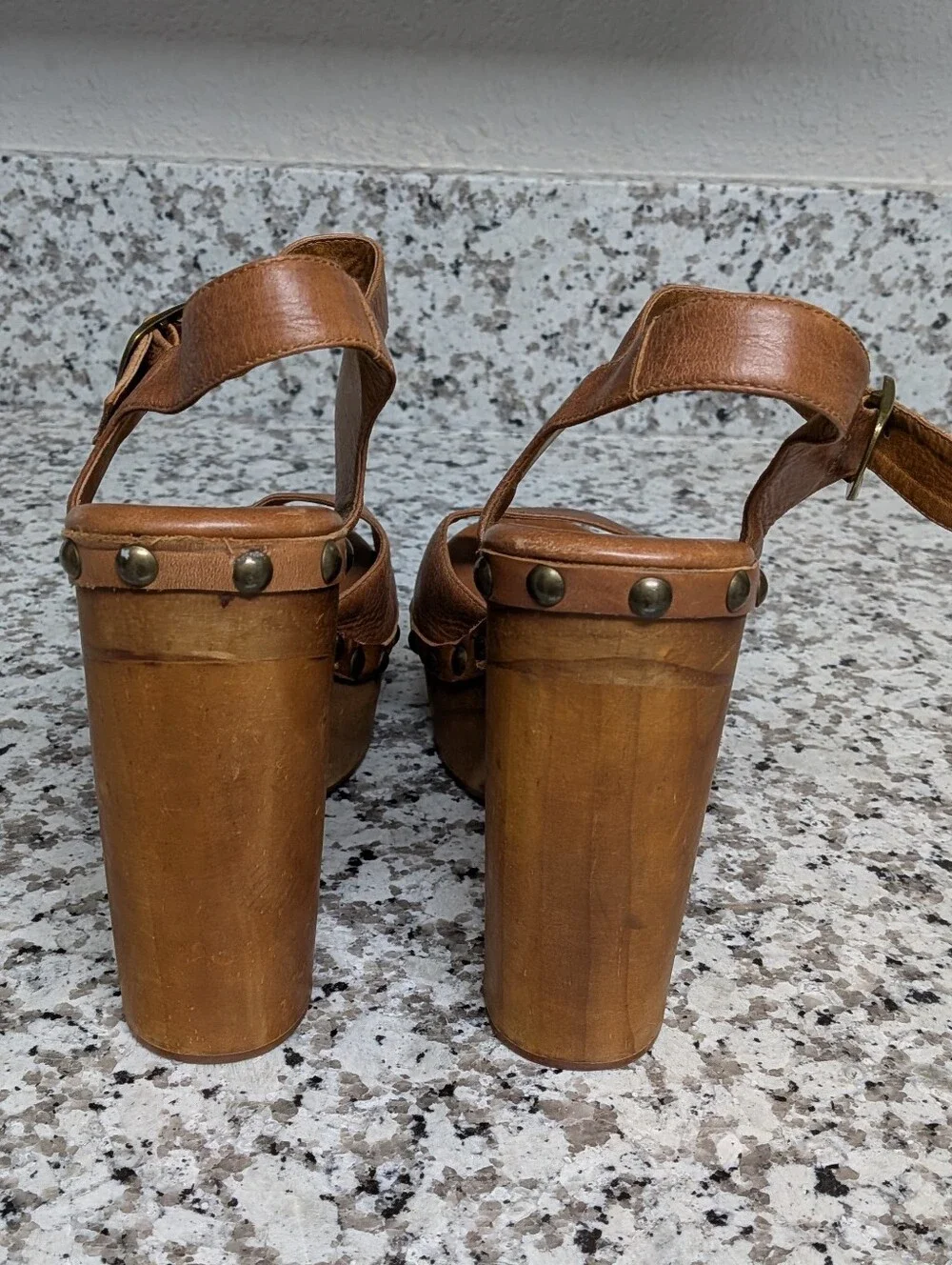 Jeffrey Campbell Woodies Tan Leather Studded Wood Platform Sandals Sz 10 Boho